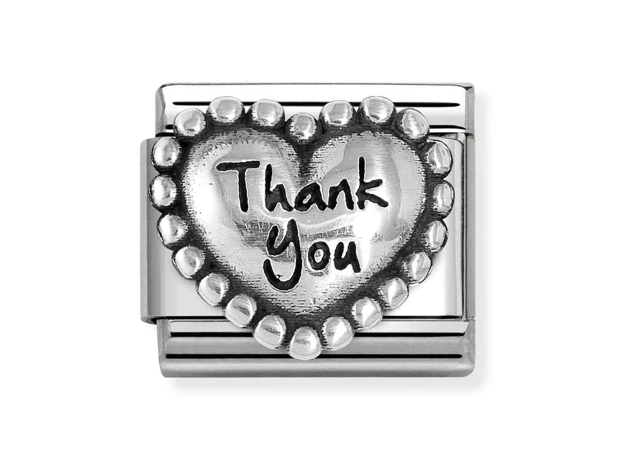 Nomination Sterling Silber 330101 83 - Thank you-Kugelherz Element - Classic Silber Kugelherz Element aus Sterling Silber mit der Gravur Thank You, umgeben von einer Perlenreihe, im klassischen Design von Nomination, Neuheiten im Schmuckbereich.