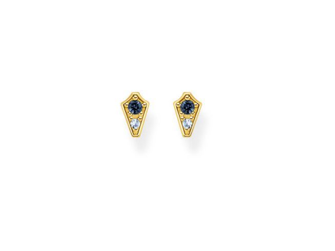 Ohrstecker von Thomas Sabo aus Sterling Silber vergoldet mit blauen Glas-Keramik und synthetischem Spinell, in eleganter Form mit zwei unterschiedlichen blauen Steinen.