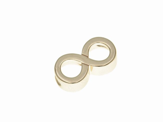 Ein polierter Anhänger aus Sterling Silber in Form des Unendlichkeitssymbols, vergoldet in Roségold, hergestellt von Juwelier Harnisch, symbolisiert Ewigkeit.
