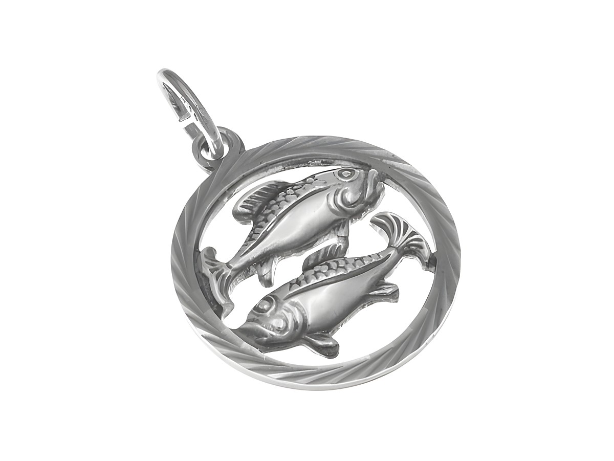Anhänger in Form des Sternzeichens Fische aus Silber, geschwärzt, poliert und diamantiert, zeigt zwei stilisierte Fische in einem runden Rahmen, gefertigt vom Juwelier Harnisch.