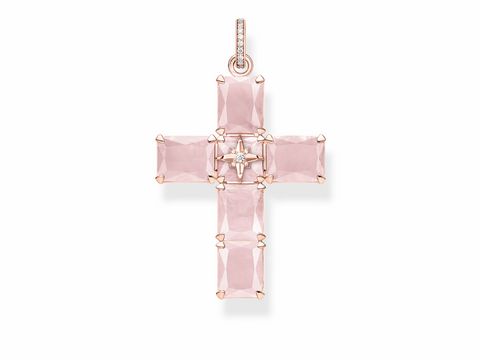 Thomas Sabo PE880-417-9 Anhänger aus Silber und Roségold in Form eines Kreuzes mit pinken Steinen und funkelnden Akzenten. Der elegante Schmuckstück strahlt stilvolle Eleganz aus.