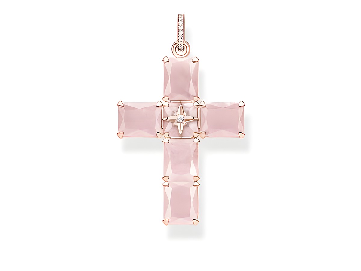 Thomas Sabo PE880-417-9 Anhänger aus Silber und Roségold in Form eines Kreuzes mit pinken Steinen und funkelnden Akzenten. Der elegante Schmuckstück strahlt stilvolle Eleganz aus.