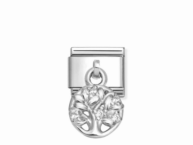 433180027-0 Zirkonia Charm von Nomination, Silber, Lebensbaum Design, in Sterling Silber und Edelstahl, mit funkelnden Zirkonia-Steinen, perfekt für persönliche Armbänder.