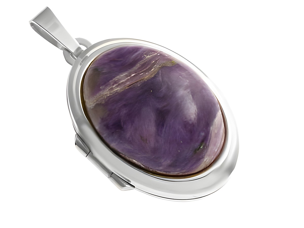 Charoit Cabochon in rhodiniertem Sterling Silber Medaillon, gefertigt vom Juwelier Harnisch, elegant und erhoben, zeigt einen lebendigen lila Farbton mit natürlichen Einschlüsse.