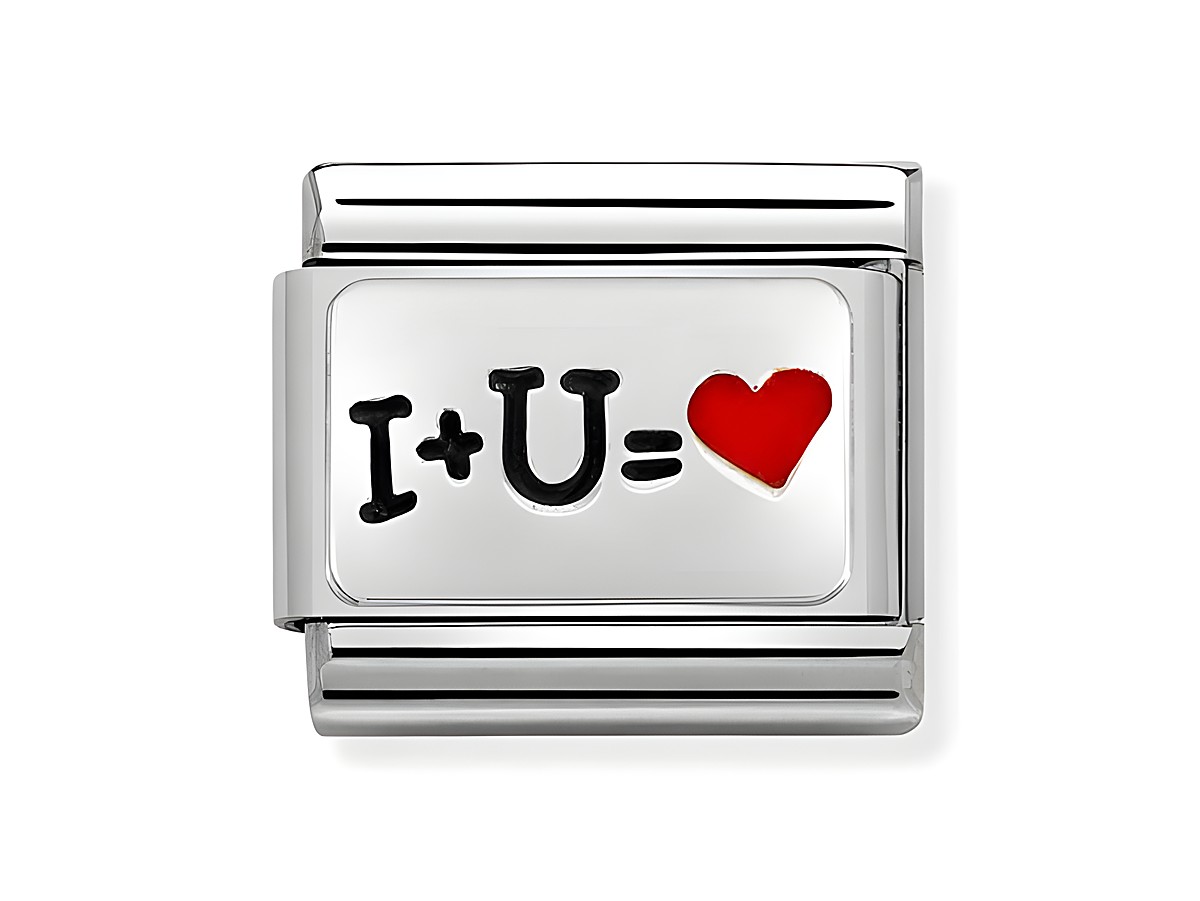 Ein glänzendes Edelstahlplättchen mit schwarzer Schrift I+U= und einem roten Herzsymbol, hergestellt von Nomination, ideal für individuelle Anhänger und Armbänder.