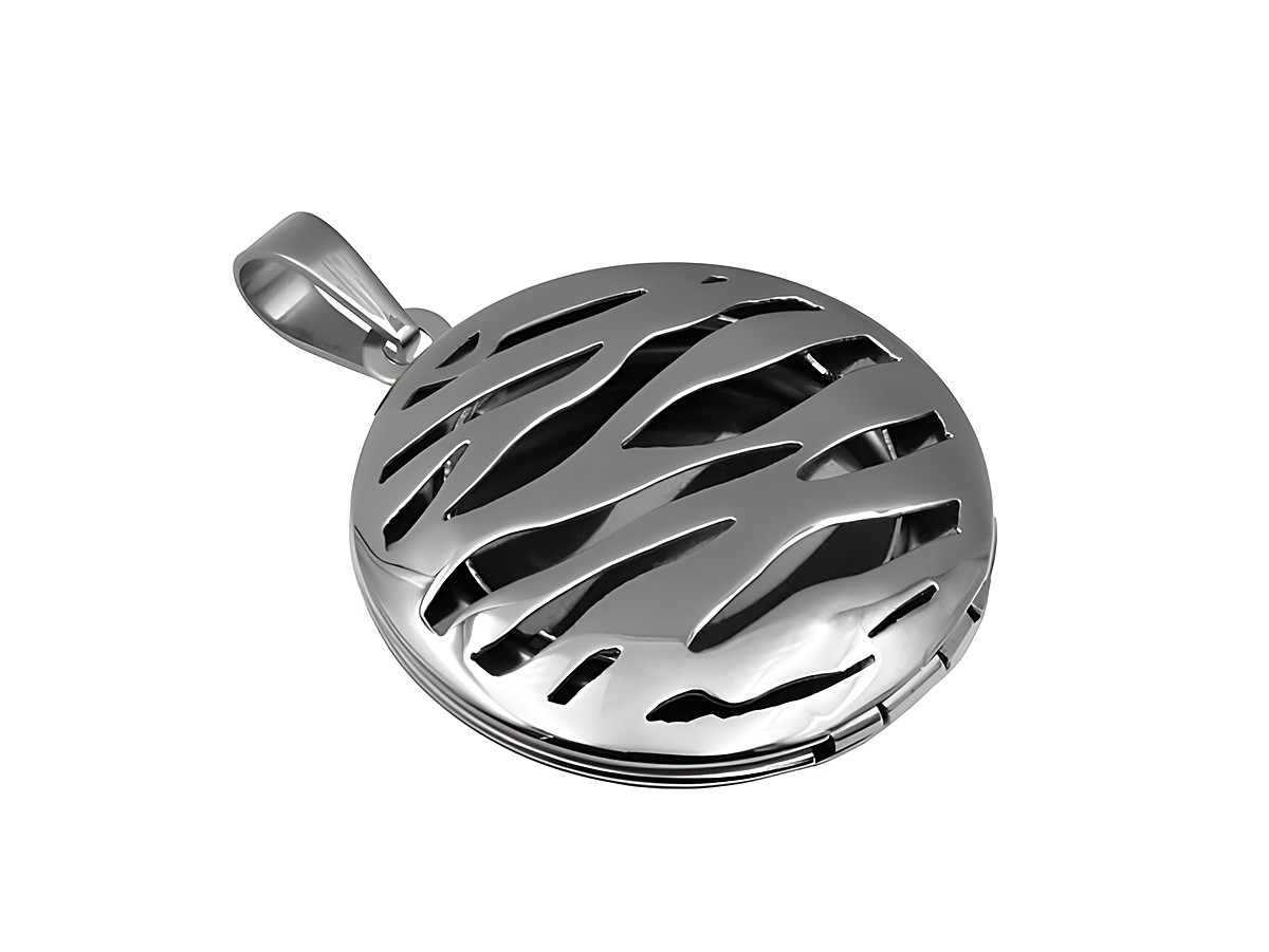 Rundes Edelstahl Medaillon mit offen gearbeiteten Wellenmustern, poliert, von Juwelier Harnisch, aus Edelstahl gefertigt, ideal für persönliche Aufbewahrung.