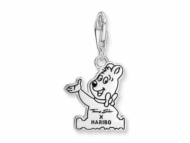 Charm-Anhänger von Thomas Sabo in Form eines lächelnden HARIBO Goldbären aus geschwärztem Silber mit kaltem Email und bunten Details, ideal für stilvolle Akzente.