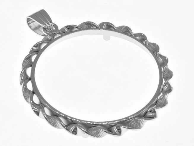 Münzfassung Anhänger aus 925 Sterling Silber rhodiniert mit Kordel, für Münzen bis 34 mm Durchmesser, elegant und kunstvoll gestaltet, Hersteller Juwelier Harnisch.