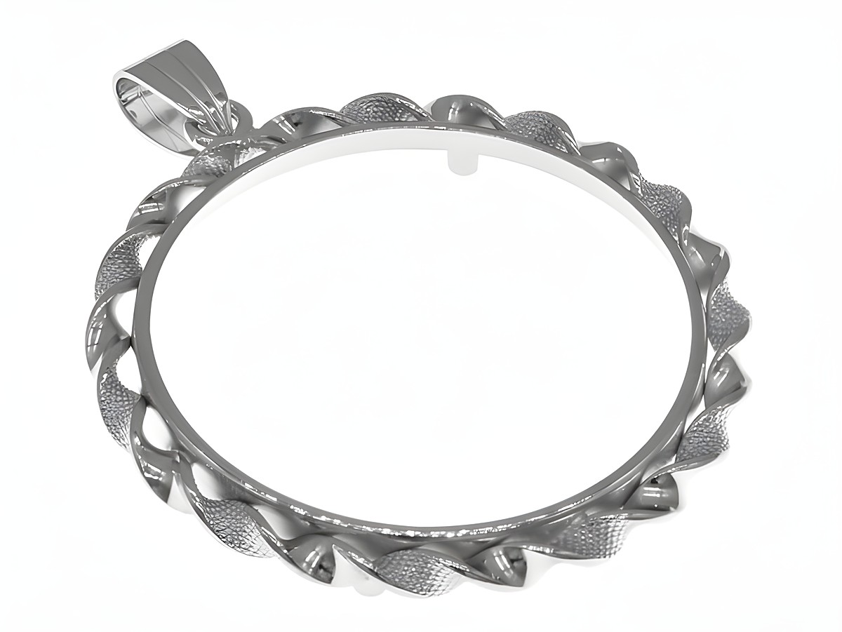 Münzfassung Anhänger aus 925 Sterling Silber rhodiniert mit Kordel, für Münzen bis 34 mm Durchmesser, elegant und kunstvoll gestaltet, Hersteller Juwelier Harnisch.