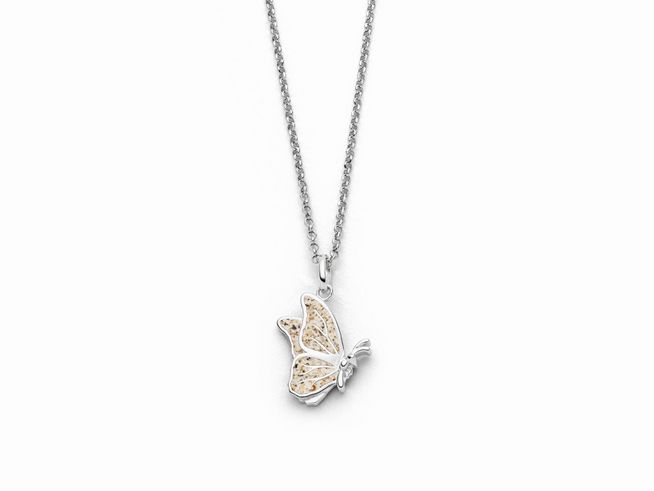 Sterling Silber Kette von DUR mit rhodiniertem Butterfly-Anhänger in Strandsand-Optik, Länge 45 cm, zarte und elegante Schmuckkomposition für besondere Anlässe.
