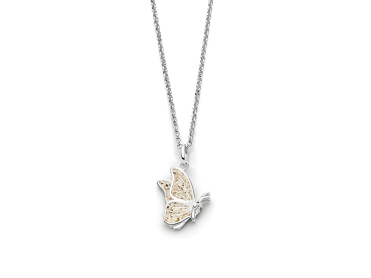 Sterling Silber Kette von DUR mit rhodiniertem Butterfly-Anhänger in Strandsand-Optik, Länge 45 cm, zarte und elegante Schmuckkomposition für besondere Anlässe.