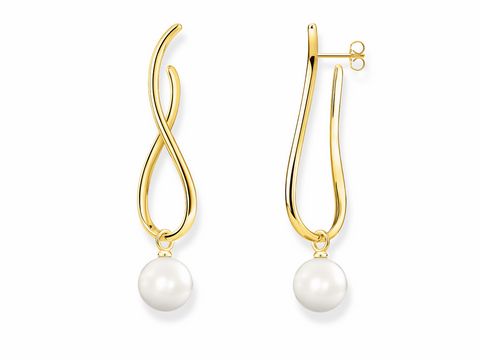 Silberne Thomas Sabo Ohrhänger H2099-413-39 mit gelbgoldenem Design und perlweißem Anhänger, elegant und modern, perfekt für besondere Anlässe.