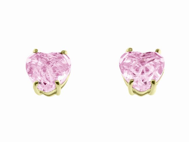 Ohrringe in Herzform aus rosa Glas mit Sterling Silber und Gelbgold Vergoldung, Hersteller Juwelier Harnisch, verziert mit Zirkonia, elegant und auffällig.