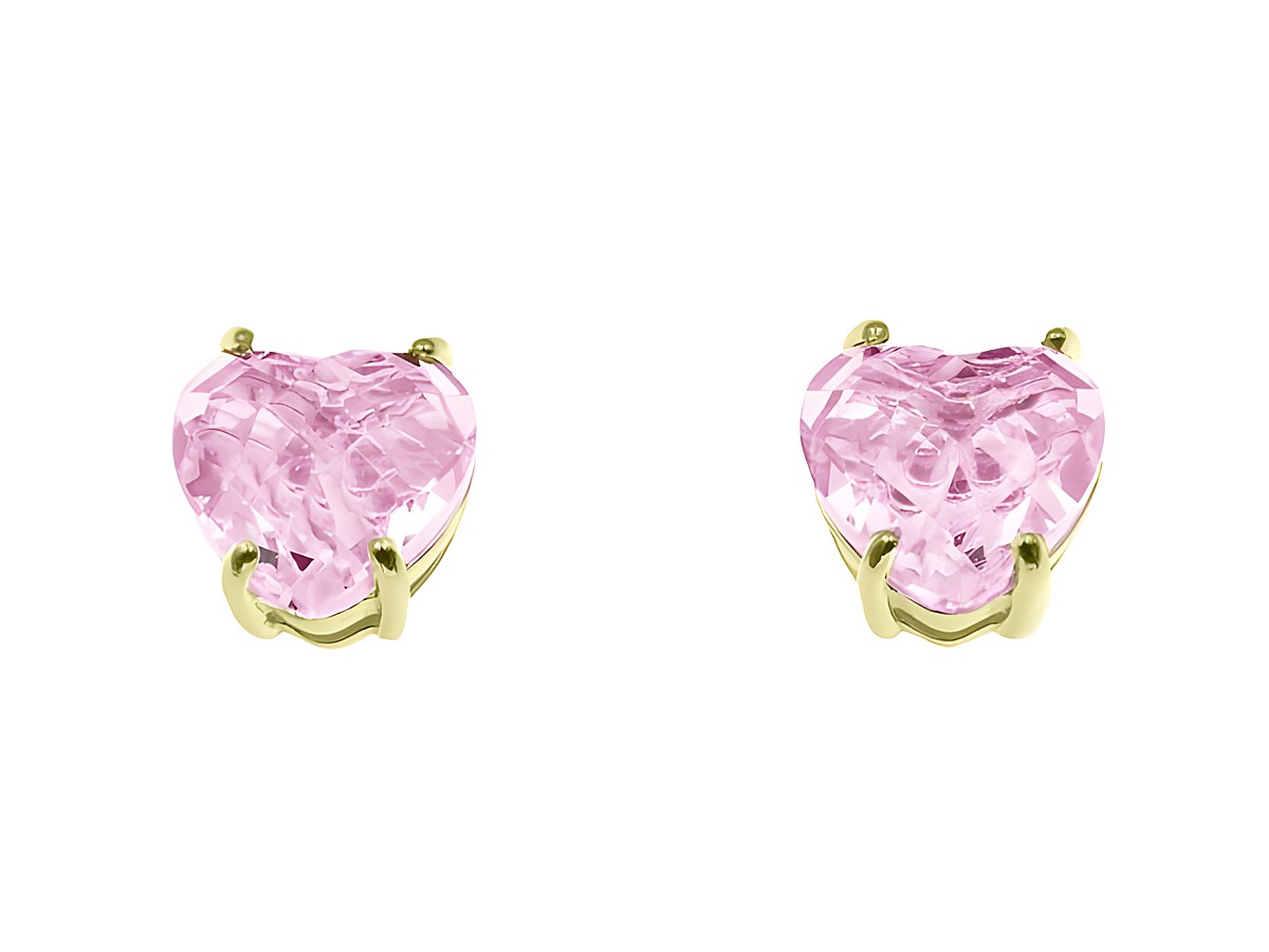 Ohrringe in Herzform aus rosa Glas mit Sterling Silber und Gelbgold Vergoldung, Hersteller Juwelier Harnisch, verziert mit Zirkonia, elegant und auffällig.