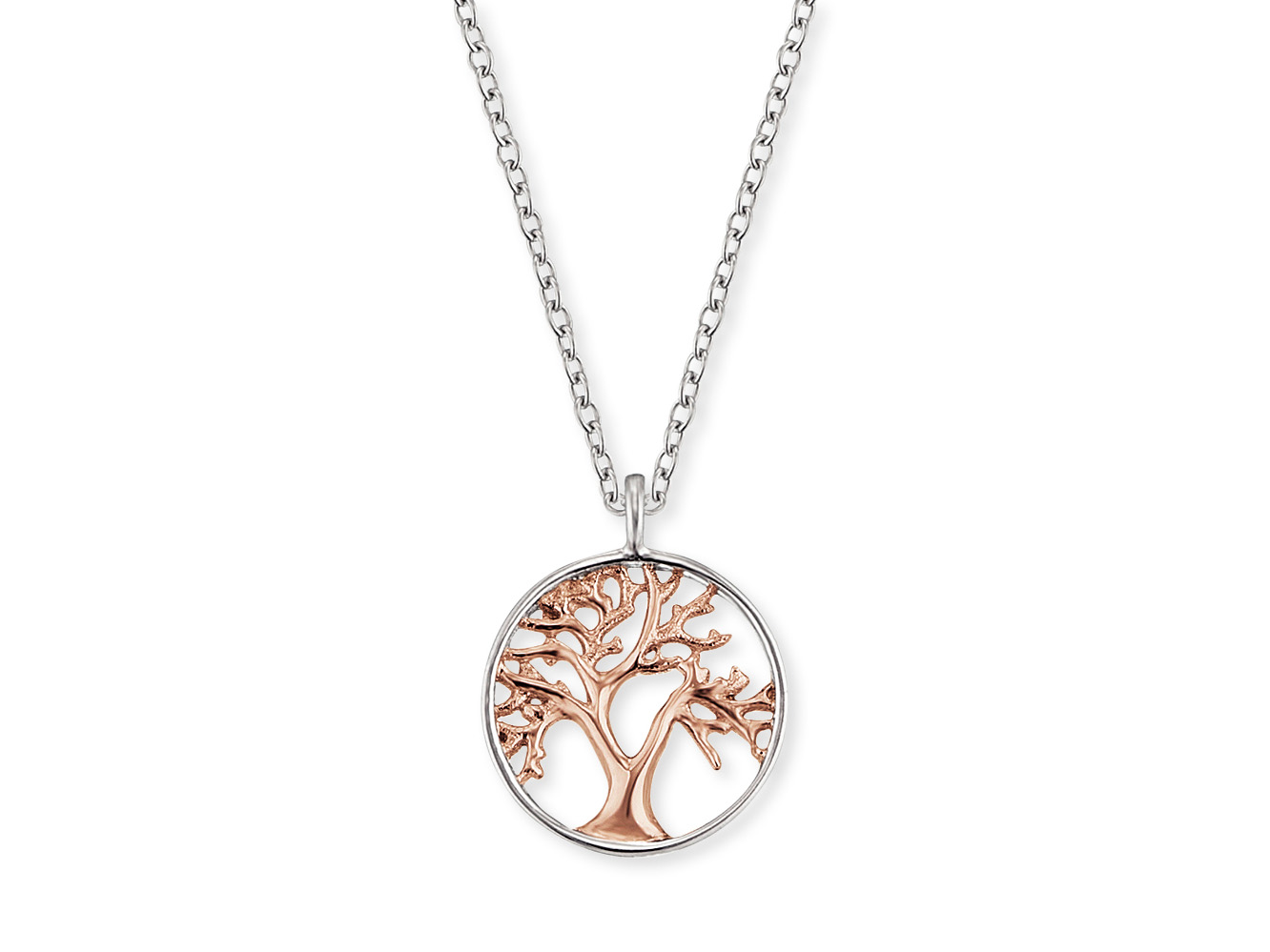 Engelsrufer ERN-LILTREE-BICOR LEBENSBAUM Kette Bicolor - Roségold Verg. auf Silber 12 mm 40cm Die Kette zeigt einen bicolor Anhänger in Form eines Lebensbaums, gefertigt aus roségold vergoldetem Silber. Die Kettenlänge beträgt 40 cm und der Anhänger hat einen Durchmesser von 12 mm.