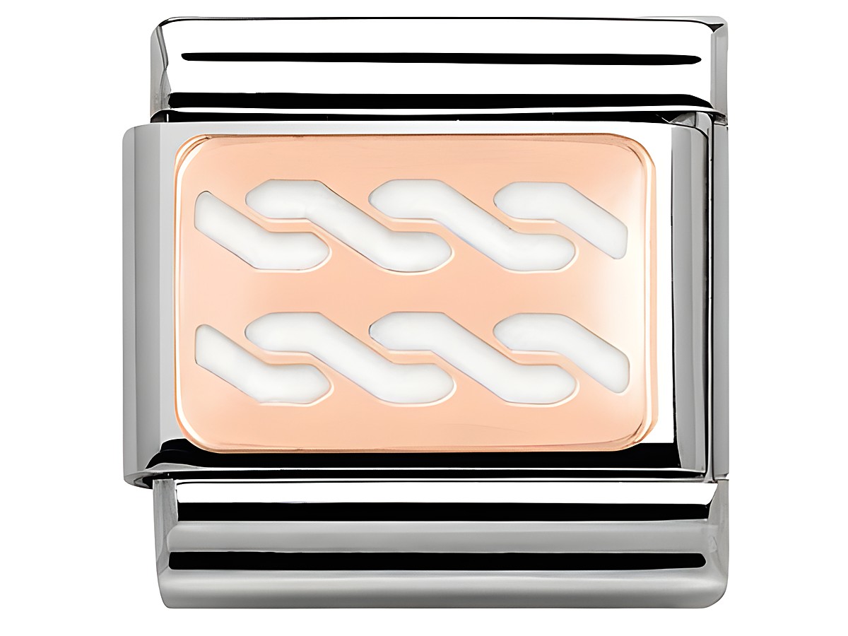 Roségoldene Nomination Classic Anhängerschließe mit einem weißen Emaille-Doppelzopf-Design, umgeben von edlem Edelstahl für ein stilvolles Accessoire.