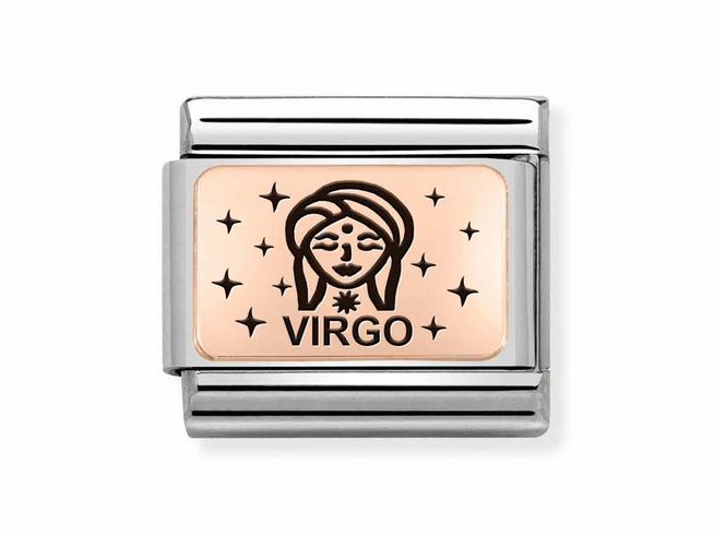 Charm aus Edelstahl und Roségold mit dem Motiv des Sternzeichens Jungfrau, dargestellt durch eine stylisierte Figur und den Schriftzug Virgo, umgeben von kleinen Sternen.