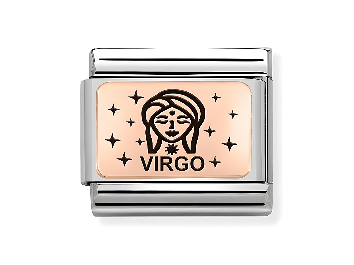 Charm aus Edelstahl und Roségold mit dem Motiv des Sternzeichens Jungfrau, dargestellt durch eine stylisierte Figur und den Schriftzug Virgo, umgeben von kleinen Sternen.
