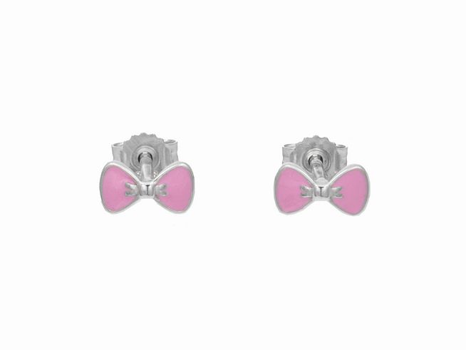Ohrstecker in Form von Schleifen aus poliertem rhodiniertem Sterling Silber mit rosa Lack, ideal für Kinder, Hersteller Juwelier Harnisch.