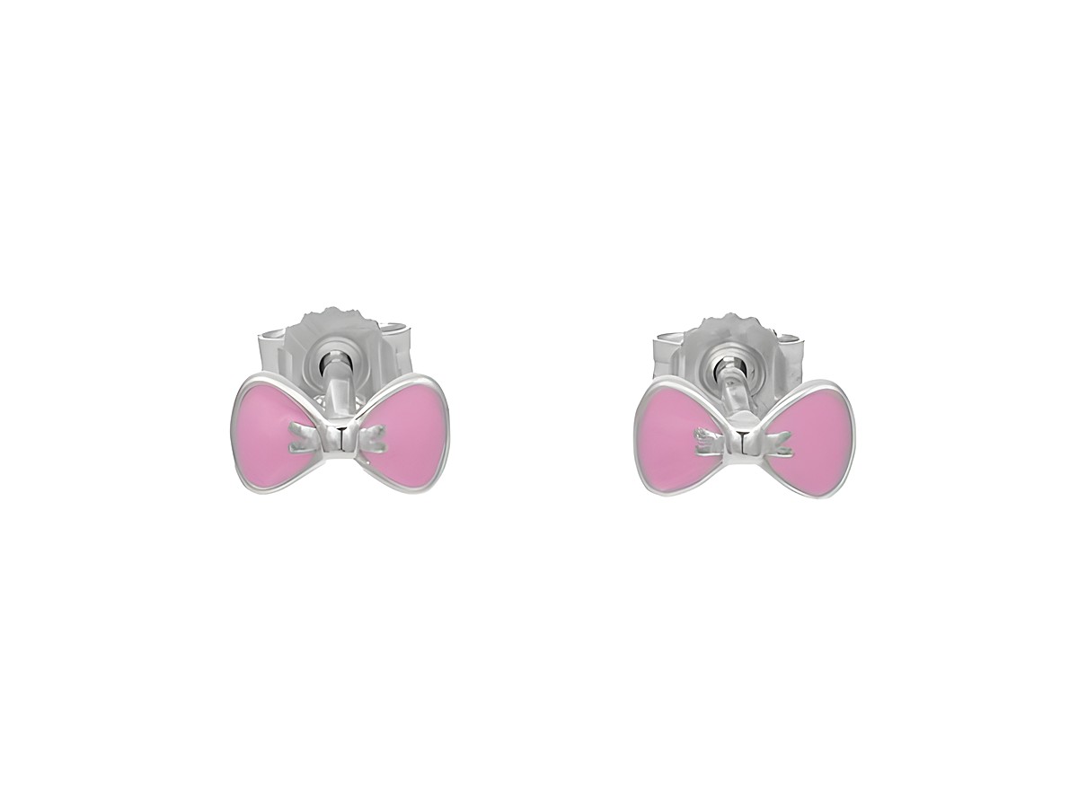 Ohrstecker in Form von Schleifen aus poliertem rhodiniertem Sterling Silber mit rosa Lack, ideal für Kinder, Hersteller Juwelier Harnisch.