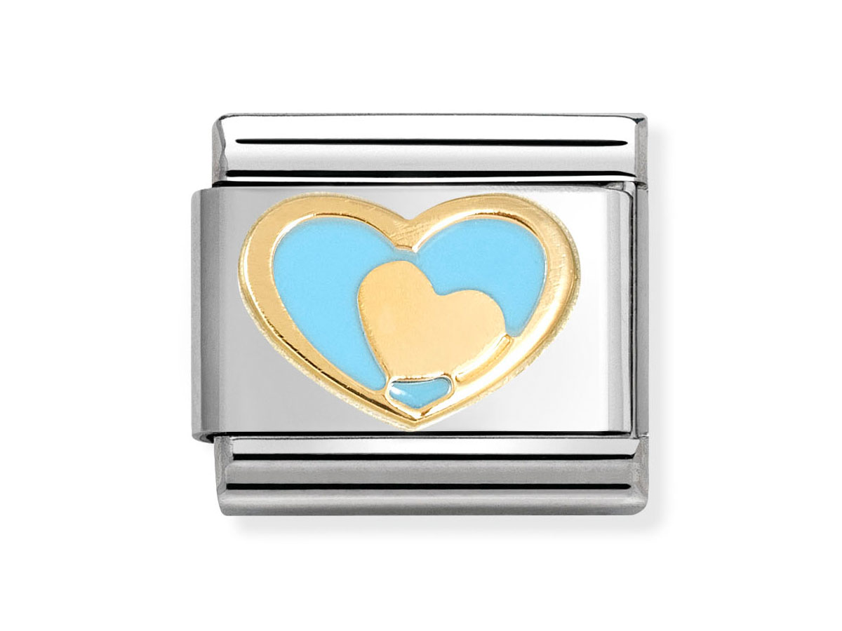 Ein elegantes Charm aus 585 Gelbgold und Emaille in Herzform, mit einem blauen Herz im Inneren, hergestellt von Nomination, ideal für die persönliche Schmuckkollektion.