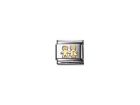 Das Bild zeigt das NOMINATION Classic FUN Kinder Element 030110 05 aus Gold, das zwei fröhliche Kinderfiguren in stilisierter Form darstellt, geeignet für Armbänder.