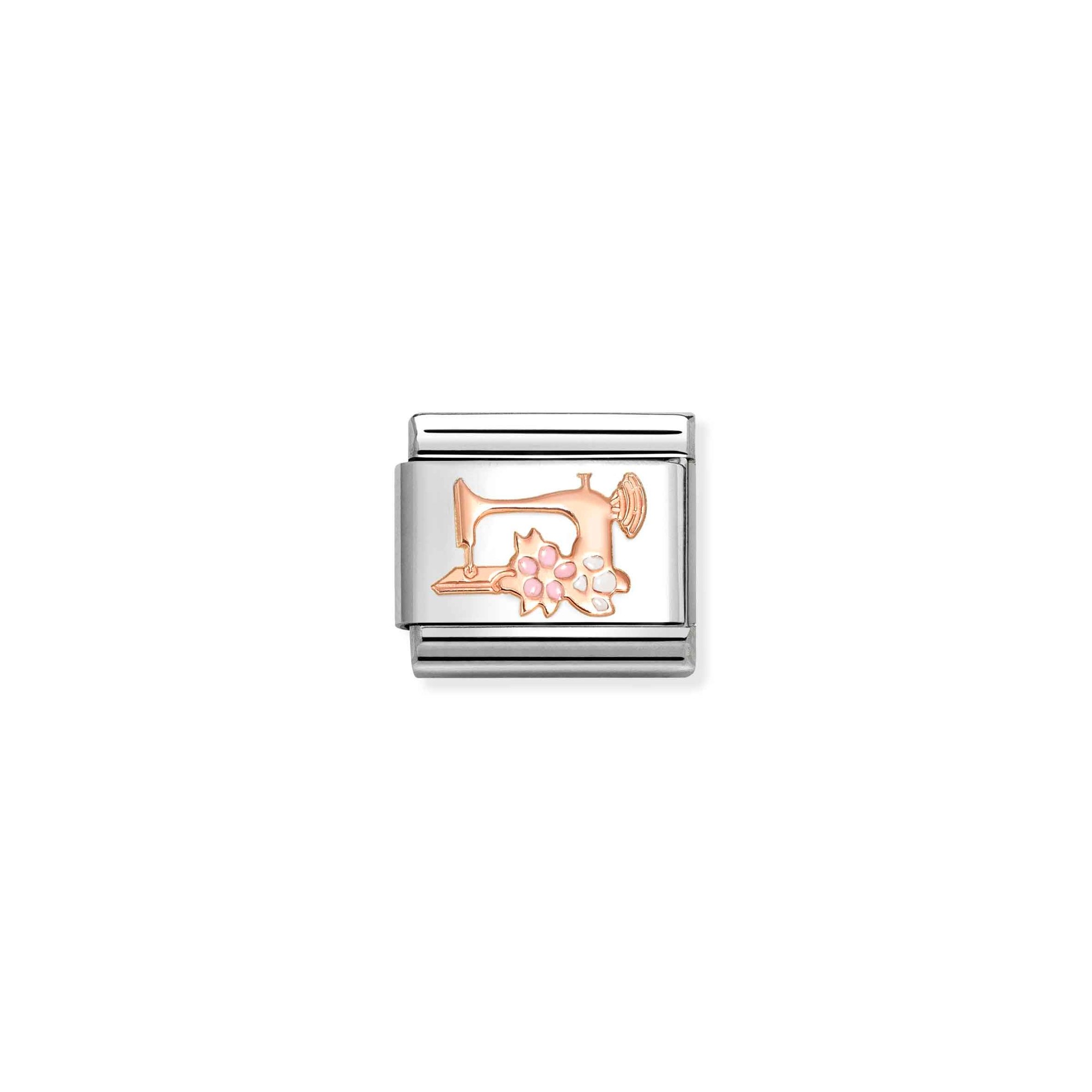 Nomination Composable Classic Charm Nähmaschine mit Blumen - Edelstahl, Gold 375 Roségold, Emaille