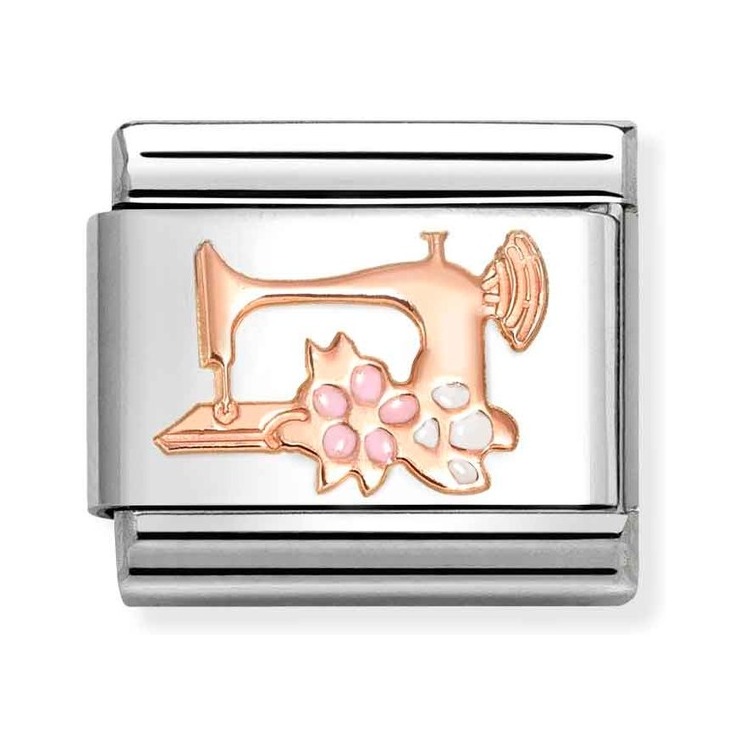 Nomination Composable Classic Charm Nähmaschine mit Blumen - Edelstahl, Gold 375 Roségold, Emaille