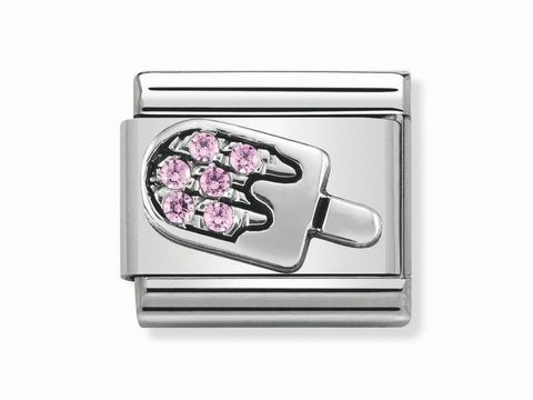 Ein silbernes Charm mit einem Eis am Stiel Motiv, besetzt mit pinken Schmucksteinen, aus der Classic Kollektion von Nomination. Ideal für modische Akzente.