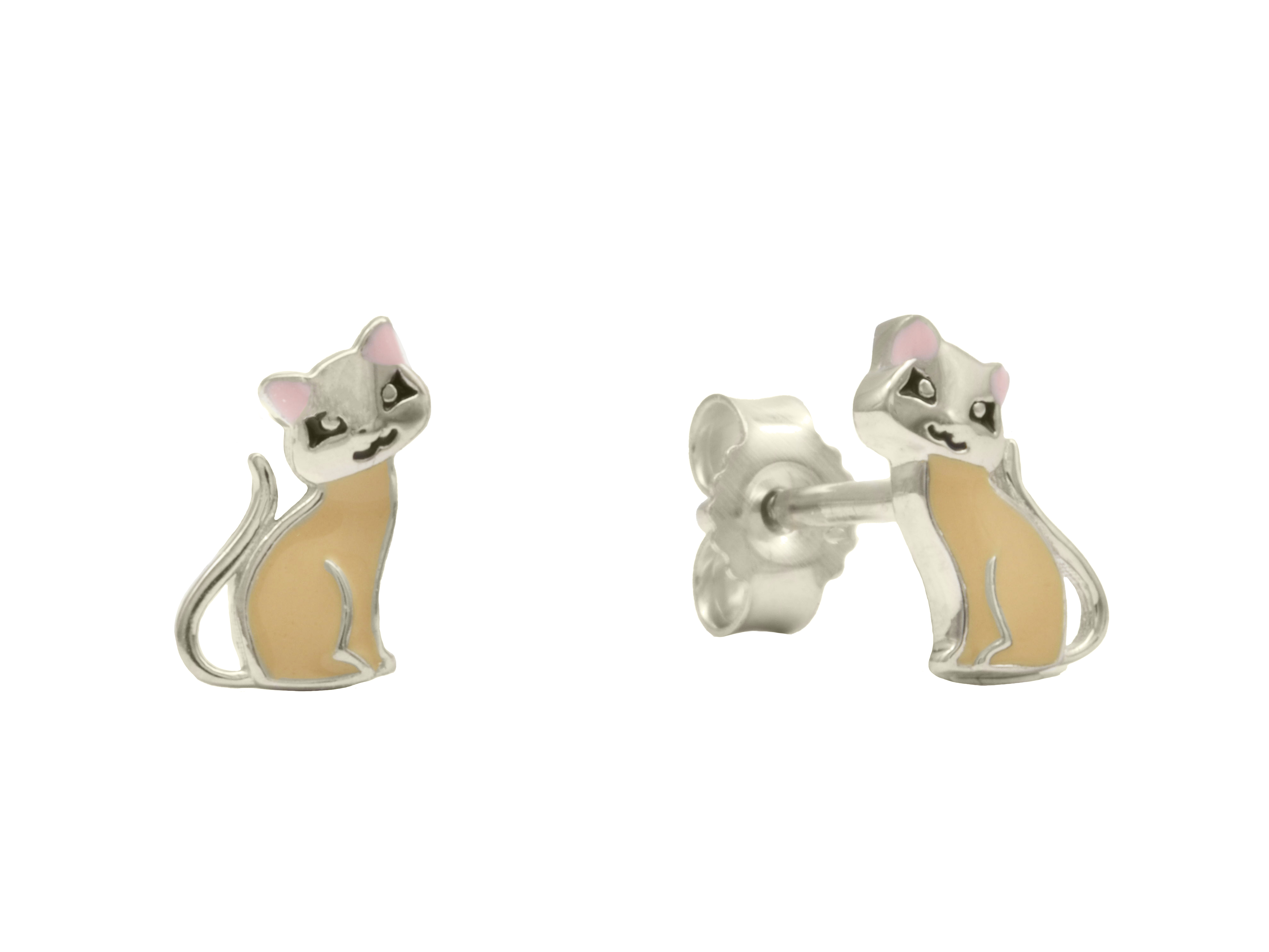 Ohrstecker in Katzenform aus rhodiniertem Sterling Silber 925 mit beigen und rosa Lackdetails, idealer Kinderschmuck von Juwelier Harnisch für Kinder.