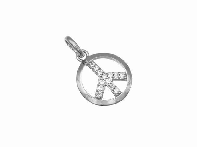 Anhänger in Form eines Peace Symbols aus rhodiniertem Sterling Silber, verziert mit funkelnden Zirkonia-Steinen, Hersteller Juwelier Harnisch.