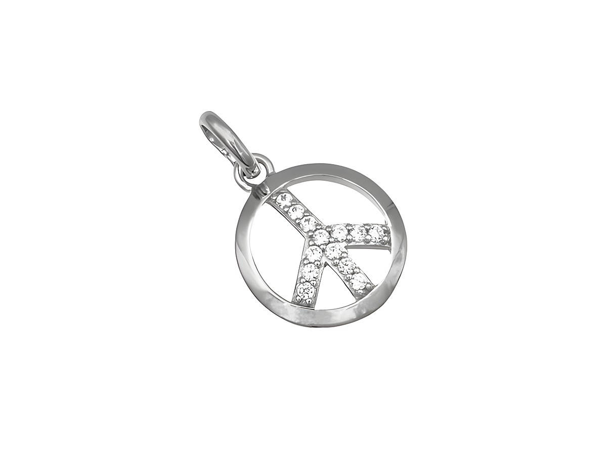 Anhänger in Form eines Peace Symbols aus rhodiniertem Sterling Silber, verziert mit funkelnden Zirkonia-Steinen, Hersteller Juwelier Harnisch.