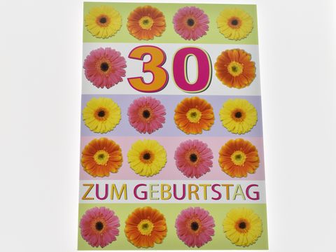 Bunte Geburtstagskarte mit dem Aufdruck 30 zum Geburtstag, umgeben von farbenfrohen Gerbera-Blüten in Gelb, Pink und Orange. Hersteller Juwelier Harnisch.