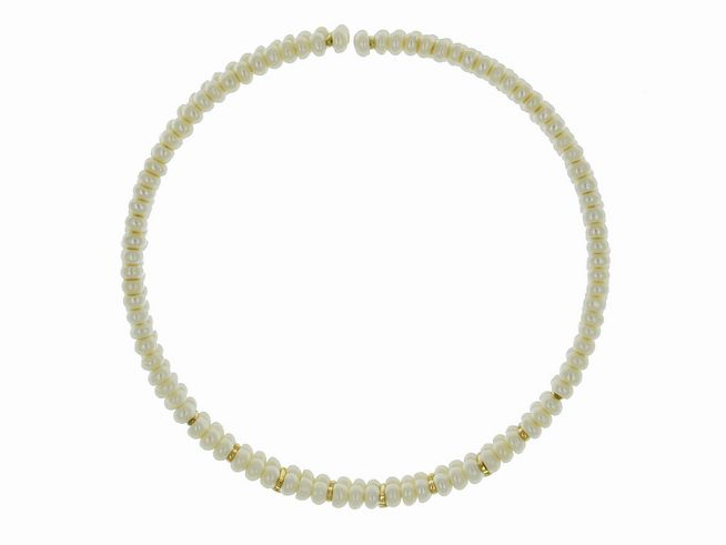 Perlenkette Choker aus Süßwasser-Zuchtperlen in Weiß mit einer Größe von 6 x 3,5 mm. Länge von 30 bis 38 cm, verziert mit Gold 585. Hersteller Juwelier Harnisch, besonders Design.