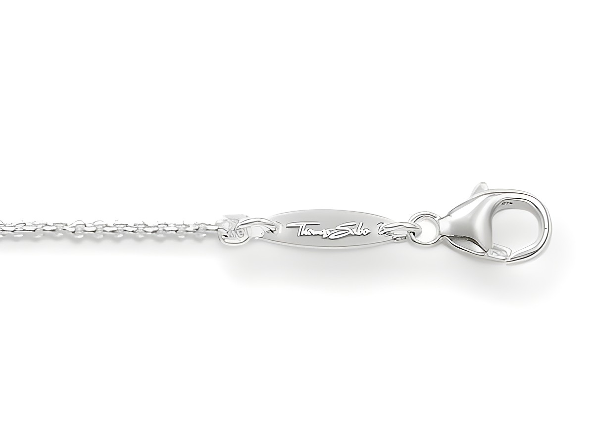 Die Charm Ketten von Thomas Sabo aus poliertem Silber mit einer Länge von 38, 40 oder 42 cm zeigen einen klassischen Karabinerverschluss und die eingravierte Marke.