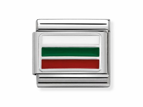 Das Bild zeigt ein charmantes Element der Marke Nomination mit der Flagge Bulgariens. In schlichten Farben Weiß, Grün und Rot gestaltet, passt es ideal zu weiteren Modulen.