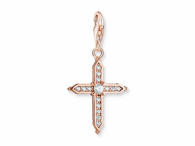 Charm-Anhänger von Thomas Sabo aus sterling Silber vergoldet in Roségold mit Zirkonia-Steinen im Design eines Kreuzes, Bicolor in Roségold.