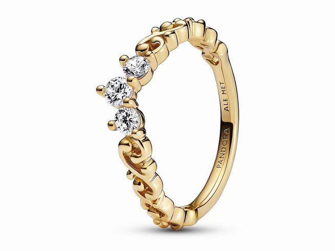 Pandora königlicher Tiara Diadem-Ring aus 585 Gelbgold mit drei klaren Zirkonia-Steinen in Größe 58, elegantes Design mit verspieltem Detail. Ideal für besondere Anlässe.