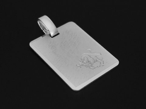 Silber Anhänger mit gravierter Platte im mattierten Design, zeigt das Sternzeichen Stier. Hersteller ist Juwelier Harnisch, ideal als persönliches Schmuckstück.