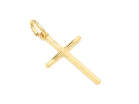 Zarter Kreuz-Anhänger in Doublé Gold Auflage, hergestellt von Juwelier Harnisch, ideal für persönliche Glaubensbekundungen oder als stilvolles Schmuckstück.