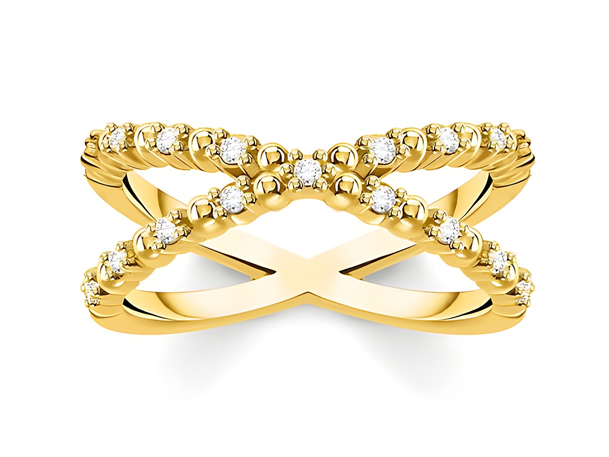 Ring von Thomas Sabo in Silber und Gelbgold, Größe 48, mit klaren Zirkonia. Das Design zeigt eine elegante Kreuzung mit funkelnden Steinen. Ideal für besondere Anlässe.