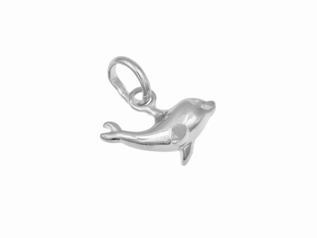 Ein hübscher Anhänger in Form eines Delfins aus rhodiniertem Sterling Silber, hergestellt von Juwelier Harnisch, ideal für Tierliebhaber und Schmuckfans.