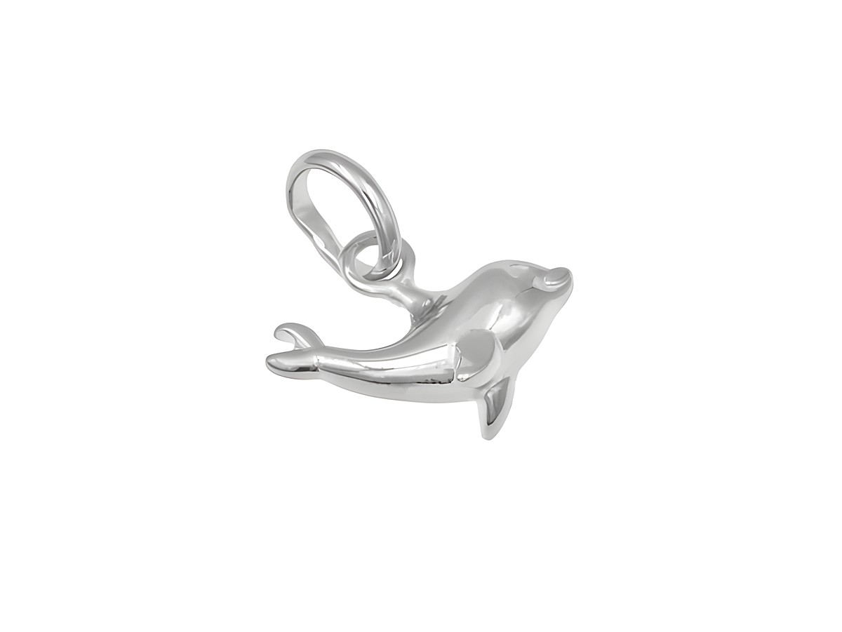Ein hübscher Anhänger in Form eines Delfins aus rhodiniertem Sterling Silber, hergestellt von Juwelier Harnisch, ideal für Tierliebhaber und Schmuckfans.
