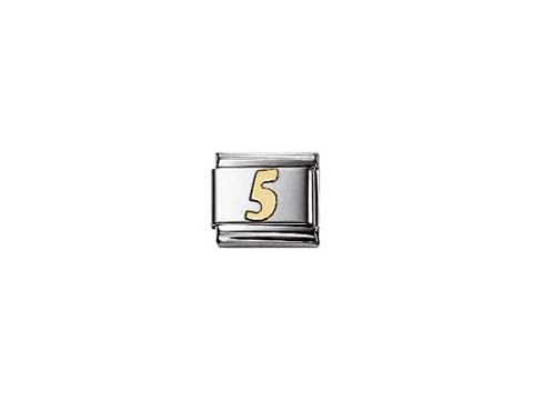 Edelstahl Charm von Nomination mit der Nummer fünf in goldener Schrift auf silbernem Hintergrund, Teil der Classic Zahlen Kollektion.