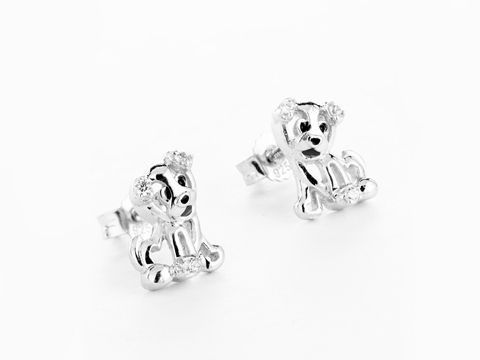 Hund Ohrstecker verspielt Lack Rot Schwarz Silber rhodiniert von Juwelier Harnisch für Kinder, niedliches Design in Form von kleinen Hundeköpfen mit funkelnden Details.