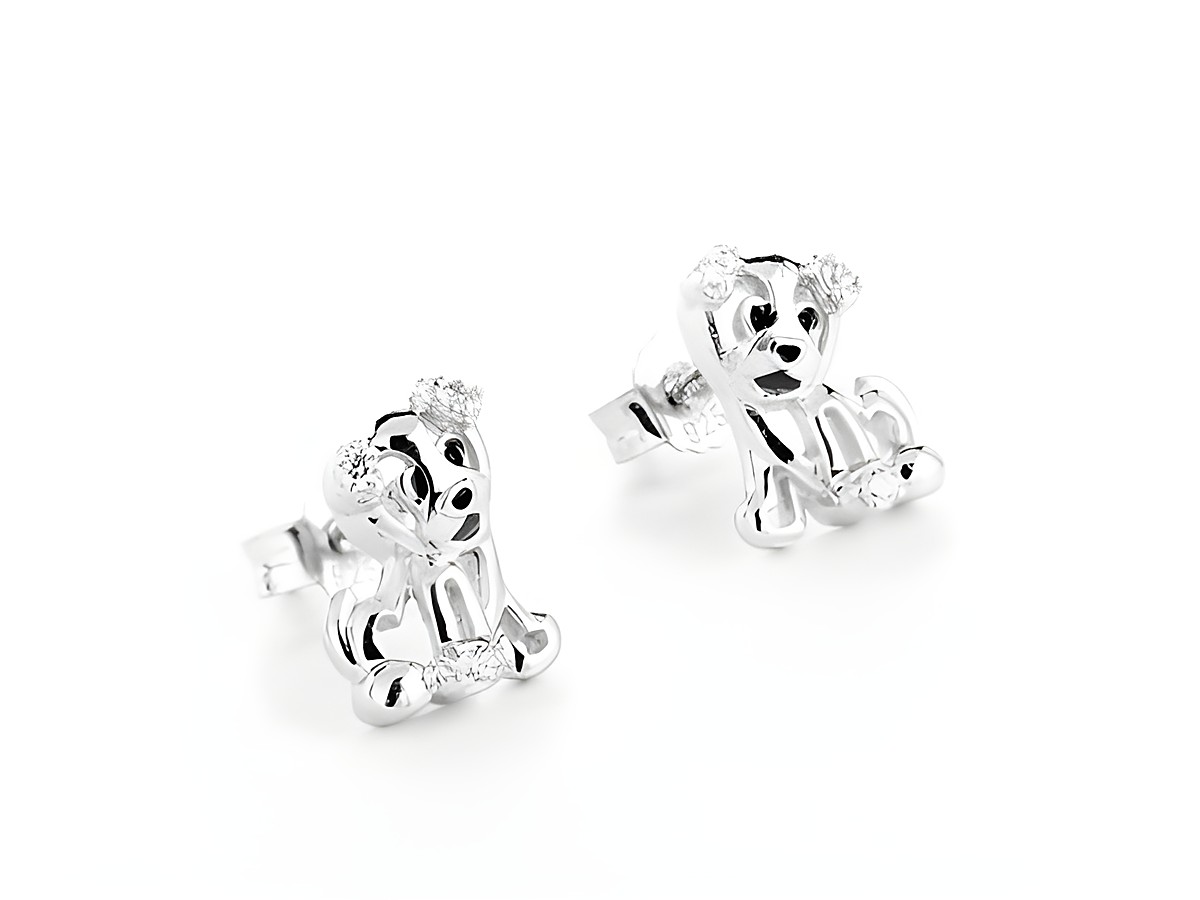 Hund Ohrstecker verspielt Lack Rot Schwarz Silber rhodiniert von Juwelier Harnisch für Kinder, niedliches Design in Form von kleinen Hundeköpfen mit funkelnden Details.