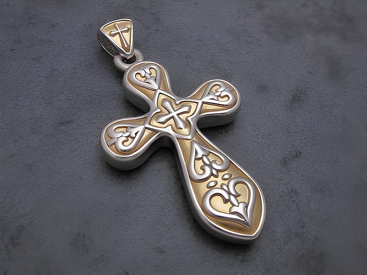 Kreuz Anhänger aus rhodiniertem Sterling Silber mit goldfarbenem Lack und filigranem Muster, hergestellt von Juwelier Harnisch, elegantes Designerstück.