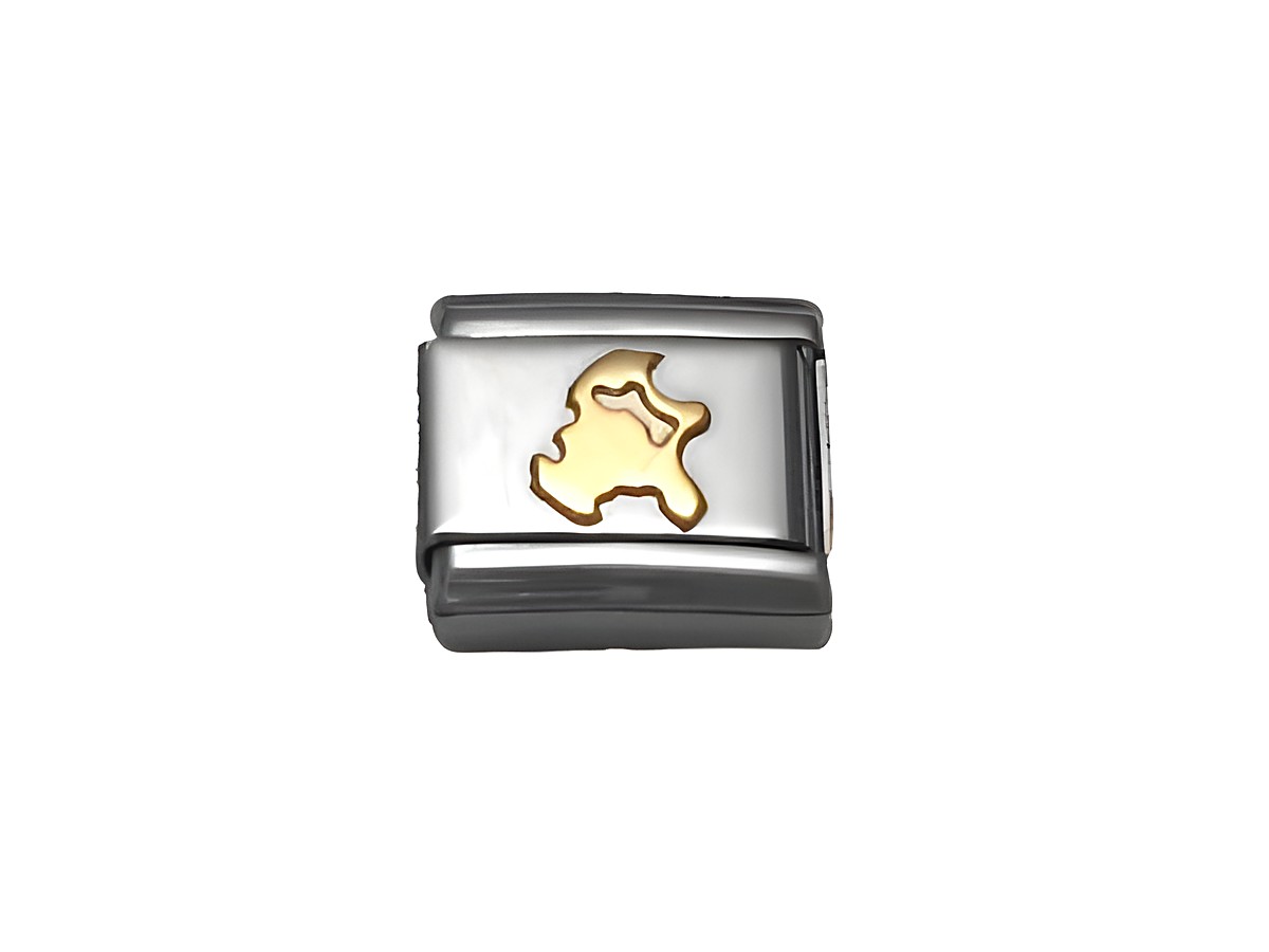 Ein Schmuckanhänger von Nomination Classic Deutschland mit dem Motiv der Insel Rügen in Silber und einer goldenen Umrandung, einzigartig und elegant gestaltet.