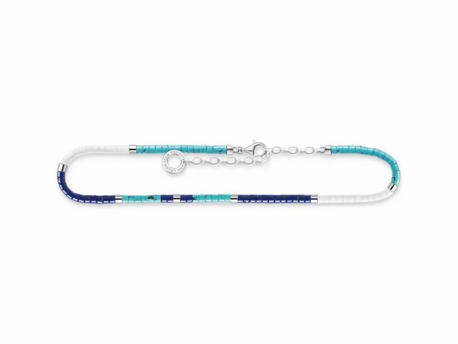 Fußkette von Thomas Sabo aus Sterling Silber mit imitierendem Lapislazuli und Zirkonia, 27 cm verstellbar, bunt mit verschiedenfarbigen Perlen und einem glänzenden Verschluss.