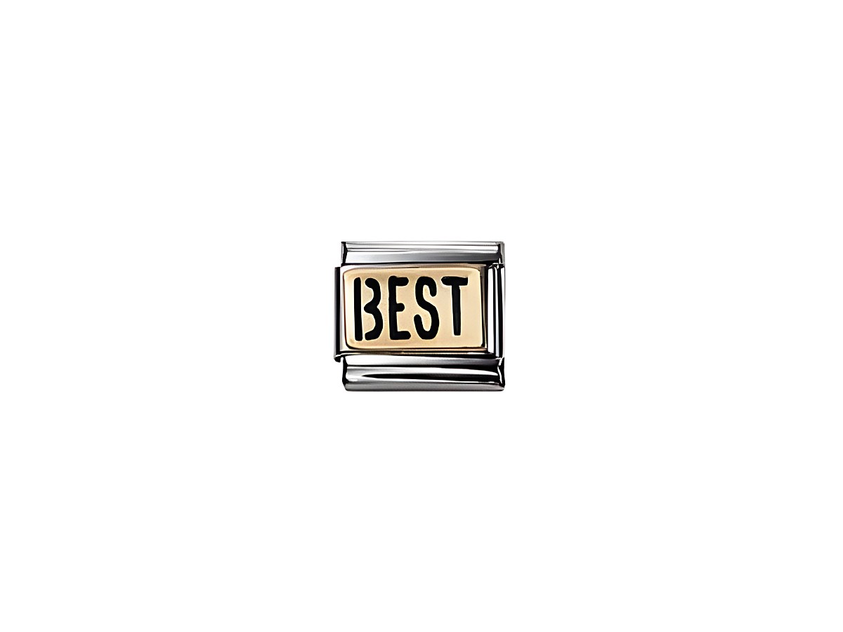 Eine goldene Sonderedition mit der Aufschrift BEST in schwarzer Schrift, eingefasst in einem silbernen Rahmen, aus der Kollektion NOMINATION Classic WRITINGS. Ideal für personalisierte Schmuckstücke.